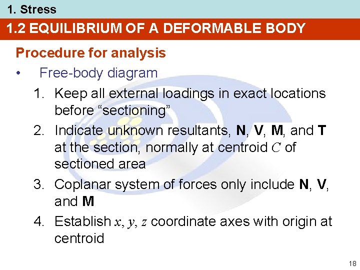 1. Stress 1. 2 EQUILIBRIUM OF A DEFORMABLE BODY Procedure for analysis • Free-body