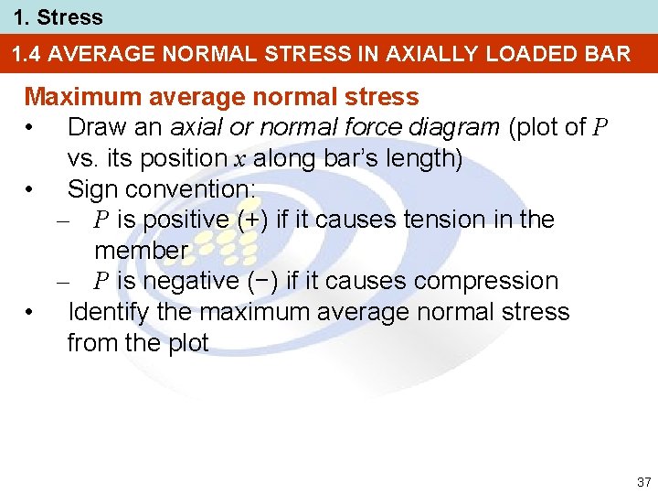 1. Stress 1. 4 AVERAGE NORMAL STRESS IN AXIALLY LOADED BAR Maximum average normal