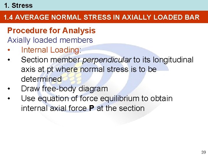 1. Stress 1. 4 AVERAGE NORMAL STRESS IN AXIALLY LOADED BAR Procedure for Analysis