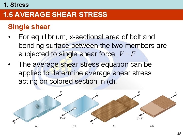 1. Stress 1. 5 AVERAGE SHEAR STRESS Single shear • For equilibrium, x-sectional area