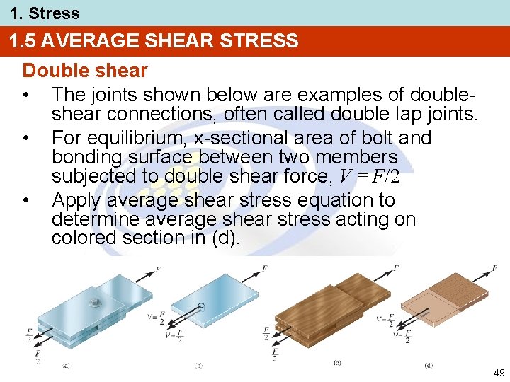 1. Stress 1. 5 AVERAGE SHEAR STRESS Double shear • The joints shown below