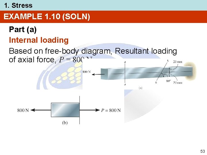 1. Stress EXAMPLE 1. 10 (SOLN) Part (a) Internal loading Based on free-body diagram,