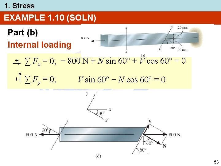 1. Stress EXAMPLE 1. 10 (SOLN) Part (b) Internal loading + ∑ Fx =