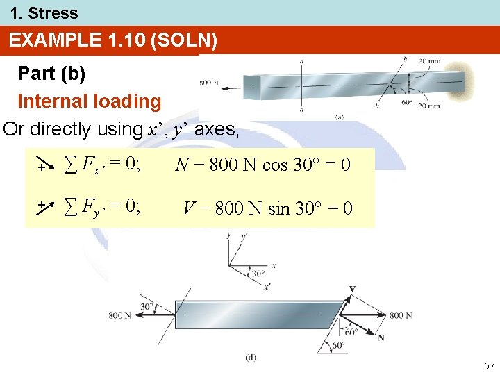 1. Stress EXAMPLE 1. 10 (SOLN) Part (b) Internal loading Or directly using x’,