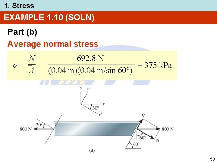 1. Stress EXAMPLE 1. 10 (SOLN) Part (b) Average normal stress N σ= =