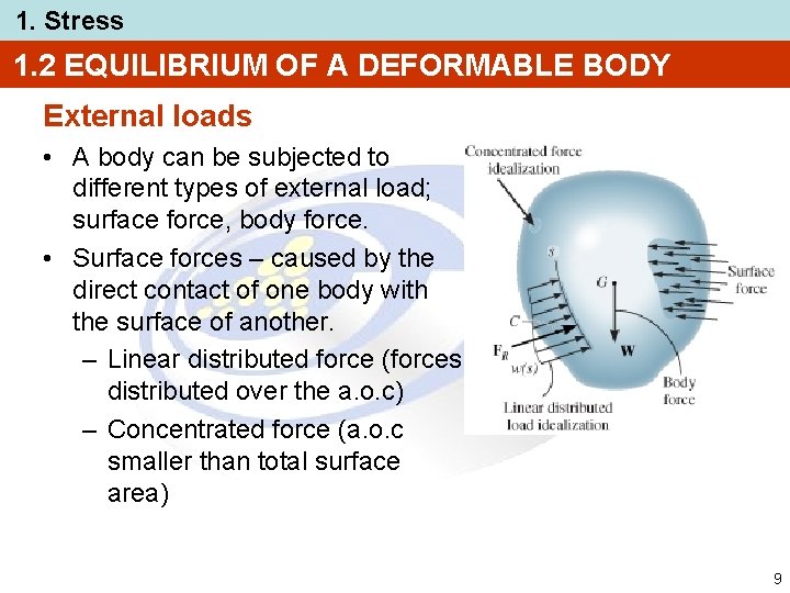 1. Stress 1. 2 EQUILIBRIUM OF A DEFORMABLE BODY External loads • A body
