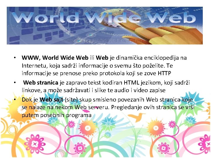  • WWW, World Wide Web ili Web je dinamička enciklopedija na Internetu, koja