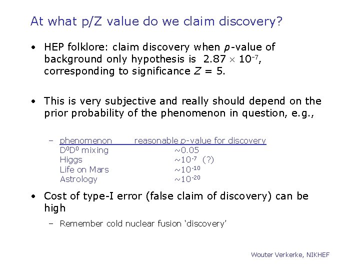 At what p/Z value do we claim discovery? • HEP folklore: claim discovery when