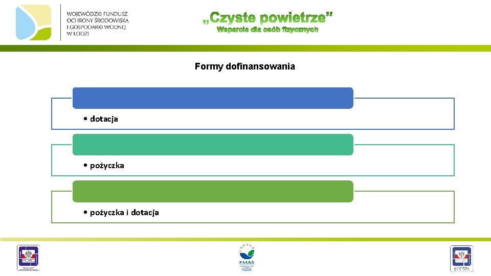 Formy dofinansowania • dotacja • pożyczka i dotacja WOJEWÓDZKI FUNDUSZ OCHRONY ŚRODOWISKA I GOSPODARKI