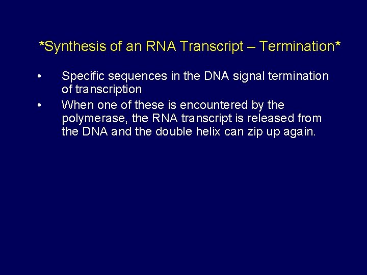 *Synthesis of an RNA Transcript – Termination* • • Specific sequences in the DNA