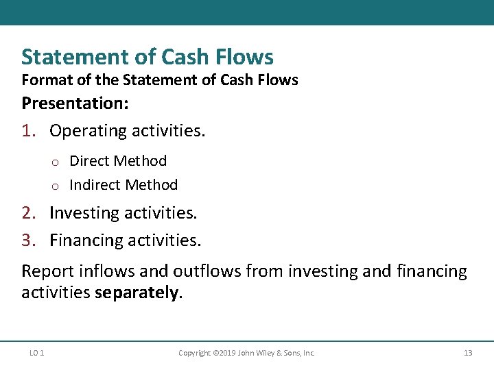Statement of Cash Flows Format of the Statement of Cash Flows Presentation: 1. Operating