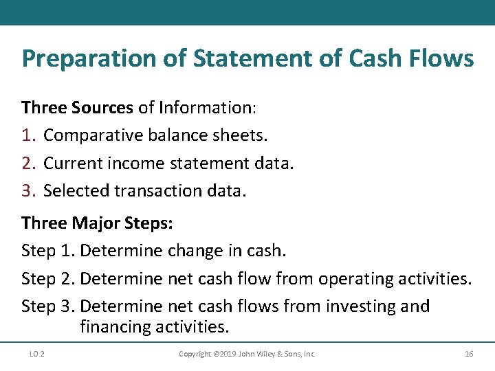 Preparation of Statement of Cash Flows Three Sources of Information: 1. Comparative balance sheets.