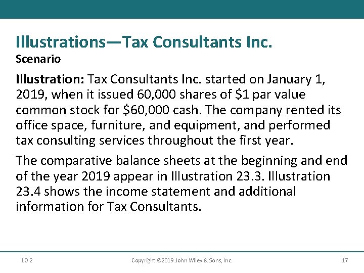 Illustrations—Tax Consultants Inc. Scenario Illustration: Tax Consultants Inc. started on January 1, 2019, when