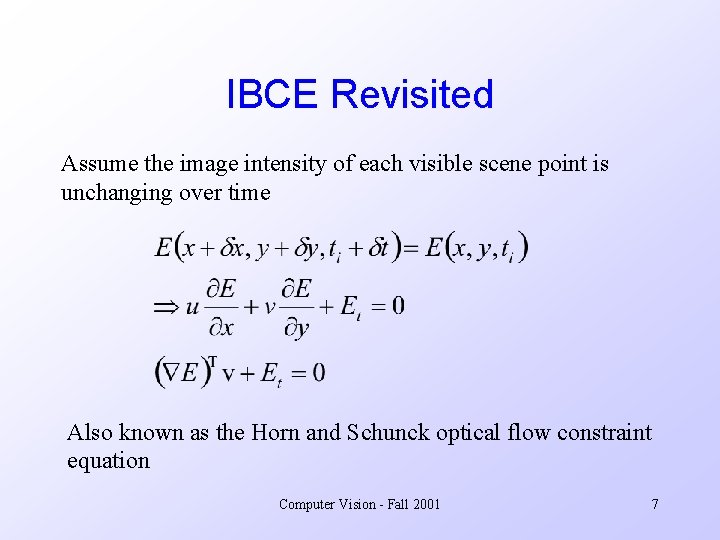 IBCE Revisited Assume the image intensity of each visible scene point is unchanging over