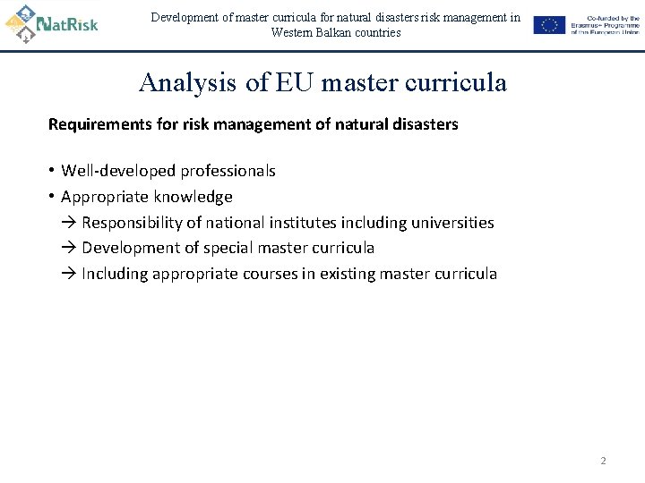 Development of master curricula for natural disasters risk management in Western Balkan countries Analysis