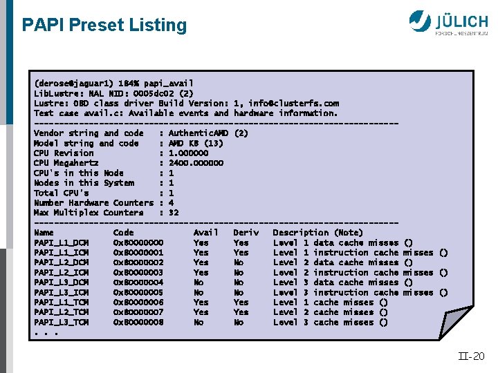 PAPI Preset Listing (derose@jaguar 1) 184% papi_avail Lib. Lustre: NAL NID: 0005 dc 02