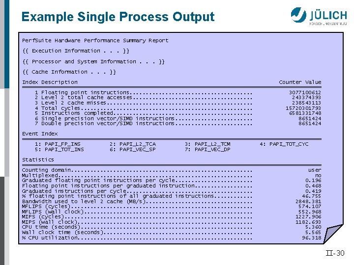 Example Single Process Output Perf. Suite Hardware Performance Summary Report {{ Execution Information. .