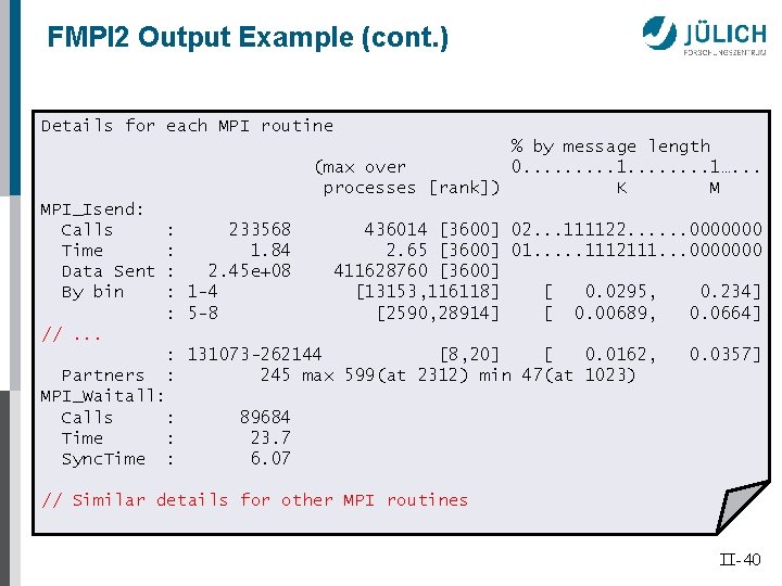 FMPI 2 Output Example (cont. ) Details for each MPI routine % by message