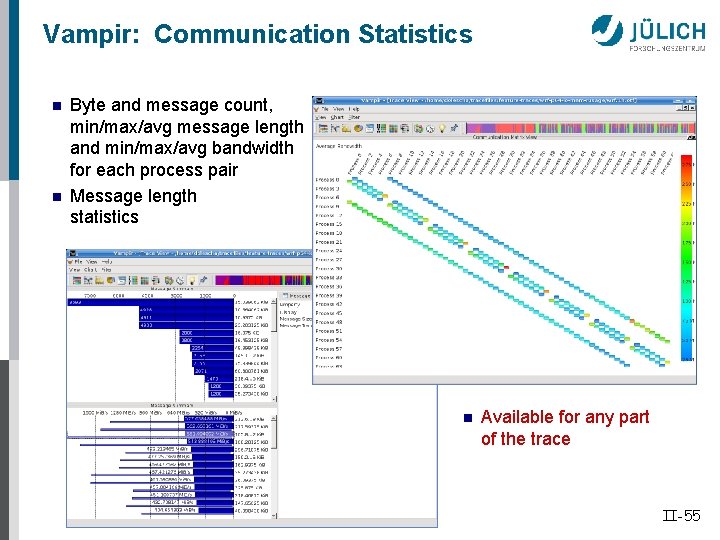 Vampir: Communication Statistics n n Byte and message count, min/max/avg message length and min/max/avg