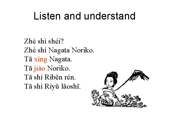 Listen and understand Zhè shì shéi? Zhè shì Nagata Noriko. Tā xìng Nagata. Tā