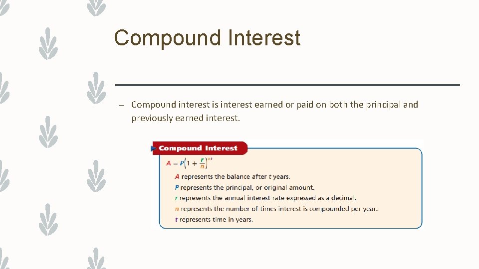 Compound Interest – Compound interest is interest earned or paid on both the principal