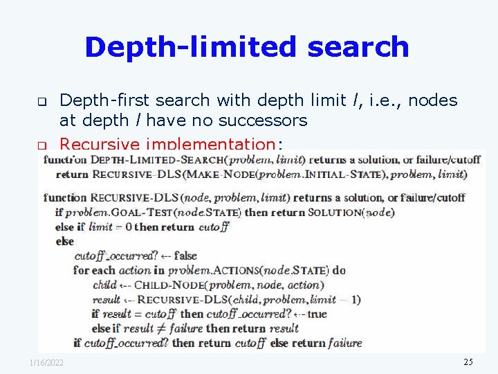 Depth-limited search q q Depth-first search with depth limit l, i. e. , nodes