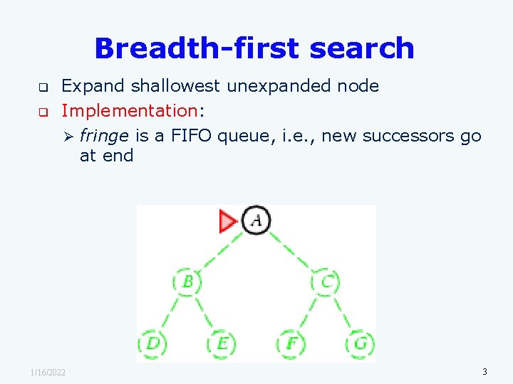 Breadth-first search q q Expand shallowest unexpanded node Implementation: Ø fringe is a FIFO