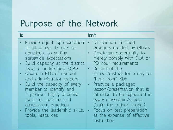 Purpose of the Network Is Isn’t • Provide equal representation to all school districts