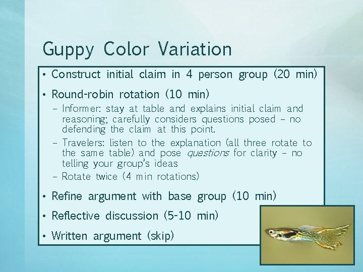 Guppy Color Variation • Construct initial claim in 4 person group (20 min) •