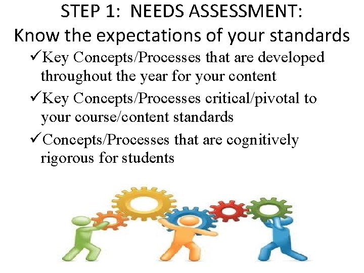 STEP 1: NEEDS ASSESSMENT: Know the expectations of your standards üKey Concepts/Processes that are