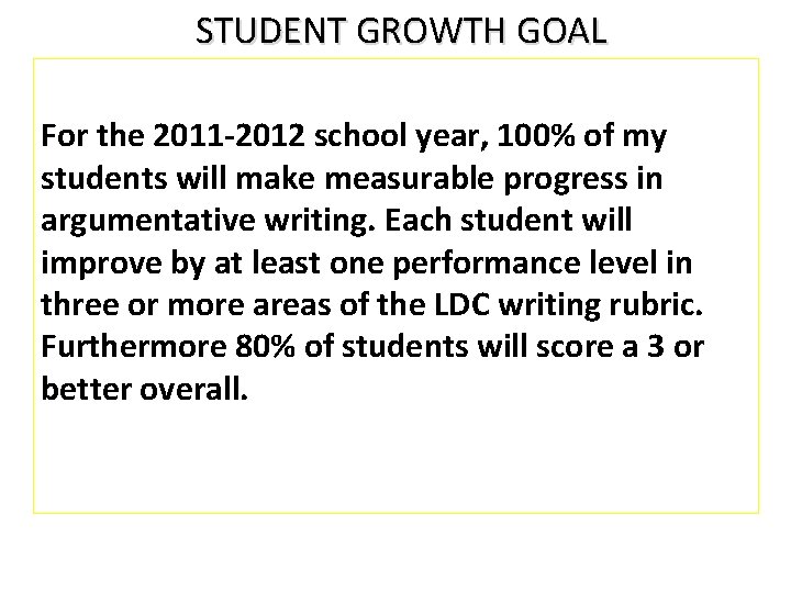 STUDENT GROWTH GOAL For the 2011 -2012 school year, 100% of my students will