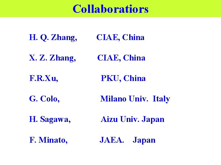Collaboratiors H. Q. Zhang, CIAE, China X. Z. Zhang, CIAE, China F. R. Xu,