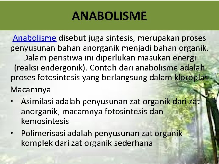 ANABOLISME Anabolisme disebut juga sintesis, merupakan proses penyusunan bahan anorganik menjadi bahan organik. Dalam