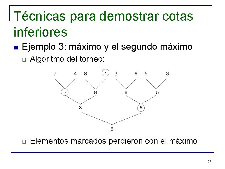 Técnicas para demostrar cotas inferiores n Ejemplo 3: máximo y el segundo máximo q