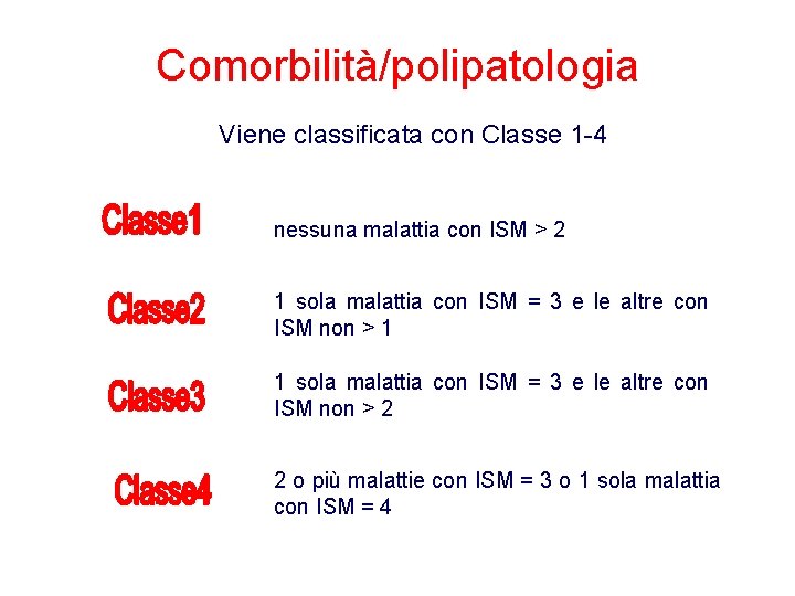 Comorbilità/polipatologia Viene classificata con Classe 1 -4 nessuna malattia con ISM > 2 1