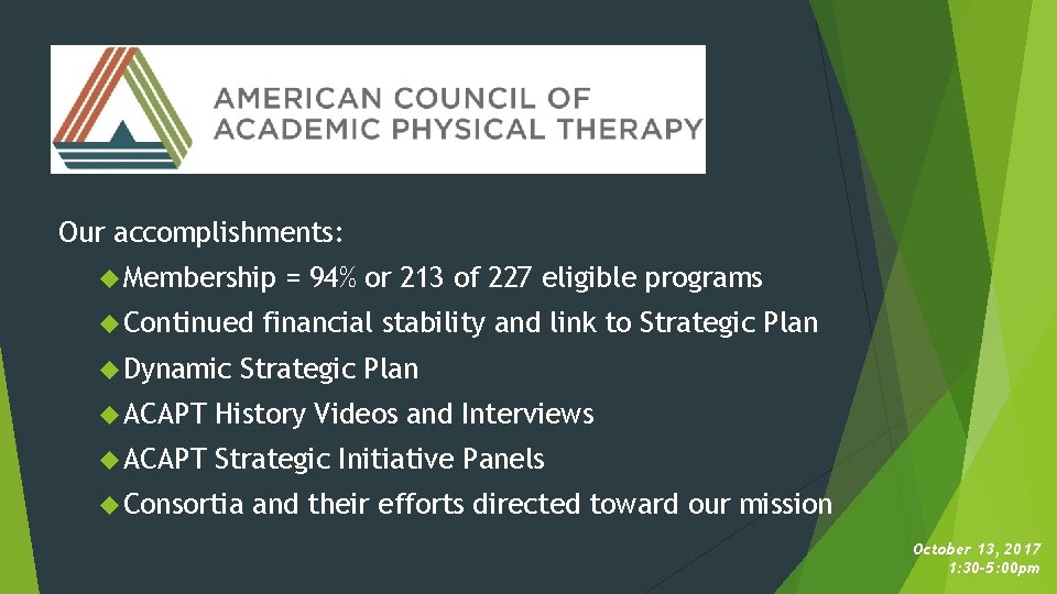 Our accomplishments: Membership Continued Dynamic = 94% or 213 of 227 eligible programs financial