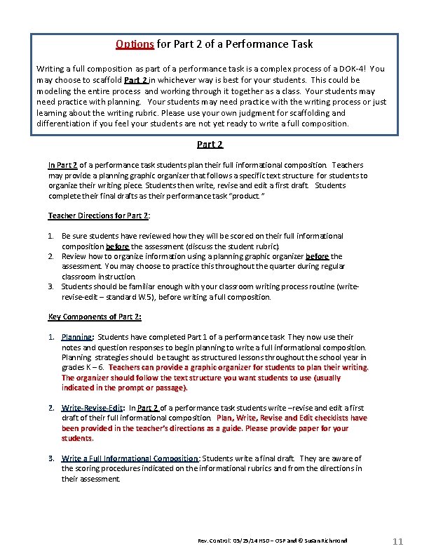 Options for Part 2 of a Performance Task Writing a full composition as part