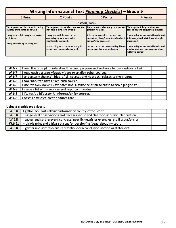 Writing Informational Text Planning Checklist – Grade 6 1 Point 2 Points 3 Points