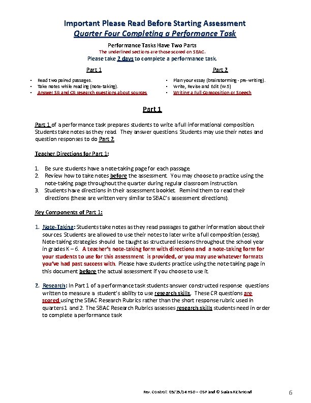 Important Please Read Before Starting Assessment Quarter Four Completing a Performance Tasks Have Two