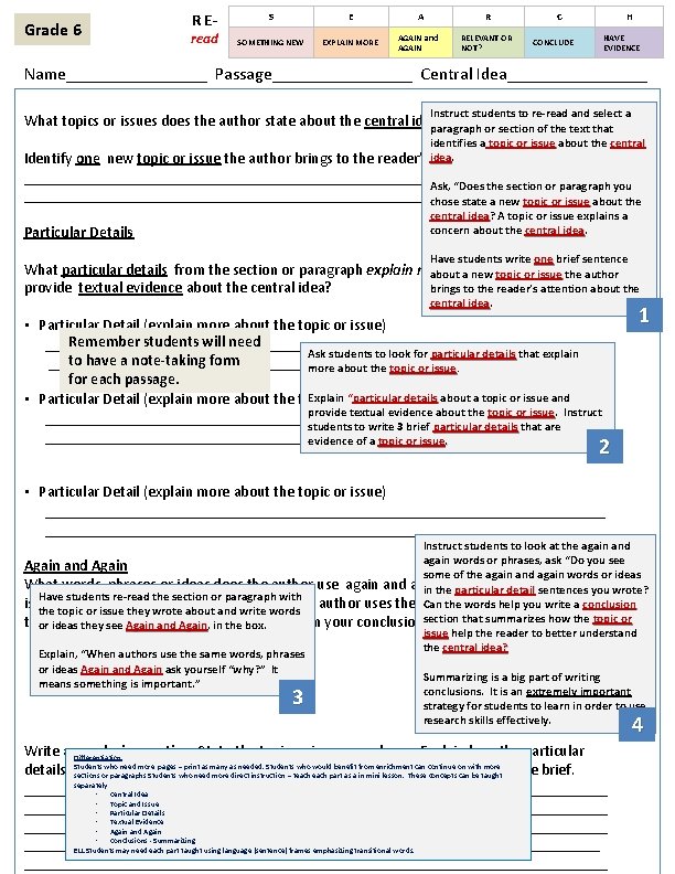 Grade 6 R E- read S E SOMETHING NEW EXPLAIN MORE A R AGAIN