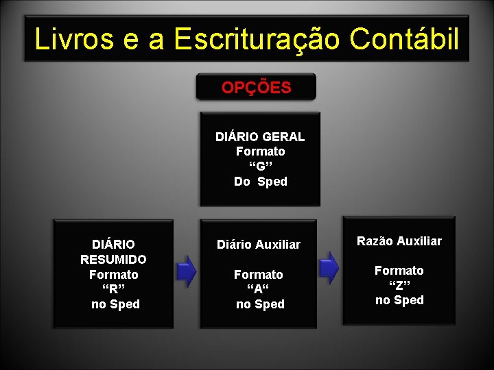 Livros e a Escrituração Contábil OPÇÕES DIÁRIO GERAL Formato “G” Do Sped DIÁRIO RESUMIDO