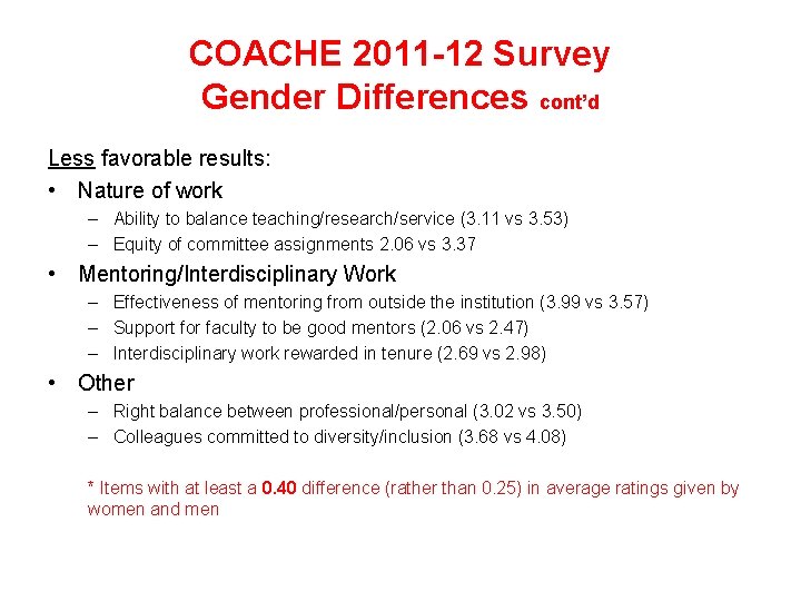 COACHE 2011 -12 Survey Gender Differences cont’d Less favorable results: • Nature of work