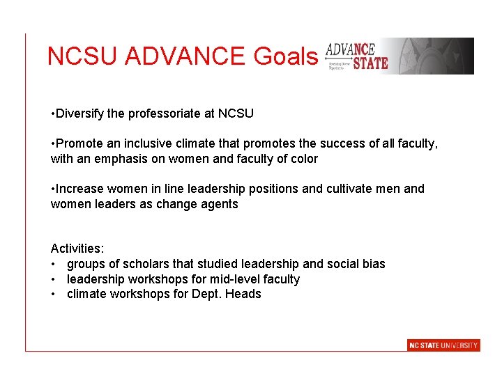 NCSU ADVANCE Goals • Diversify the professoriate at NCSU • Promote an inclusive climate