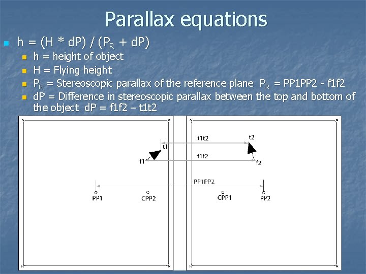 Parallax equations n h = (H * d. P) / (PR + d. P)