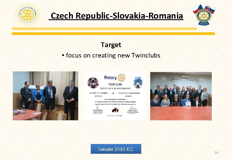 Czech Republic-Slovakia-Romania Target • focus on creating new Twinclubs Senate 2019 ICC 14 