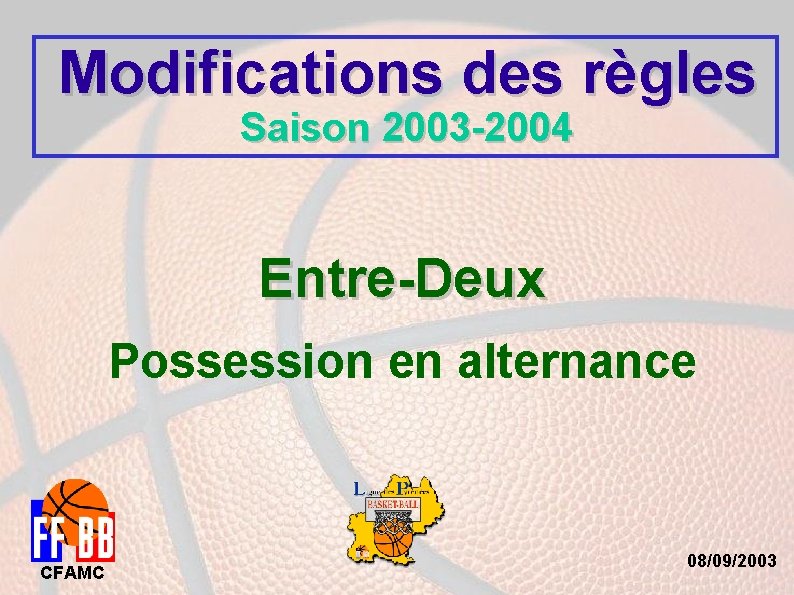 Modifications des règles Saison 2003 -2004 Entre-Deux Possession en alternance CFAMC 08/09/2003 