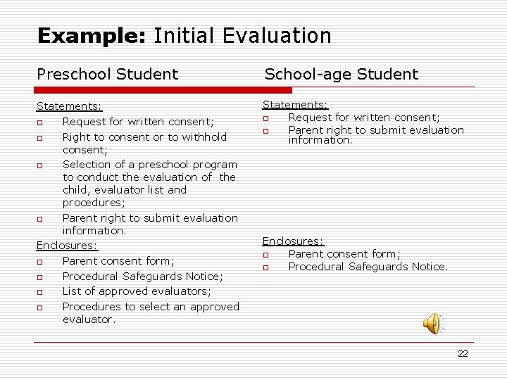 Example: Initial Evaluation Preschool Student School-age Student Statements: o Request for written consent; o