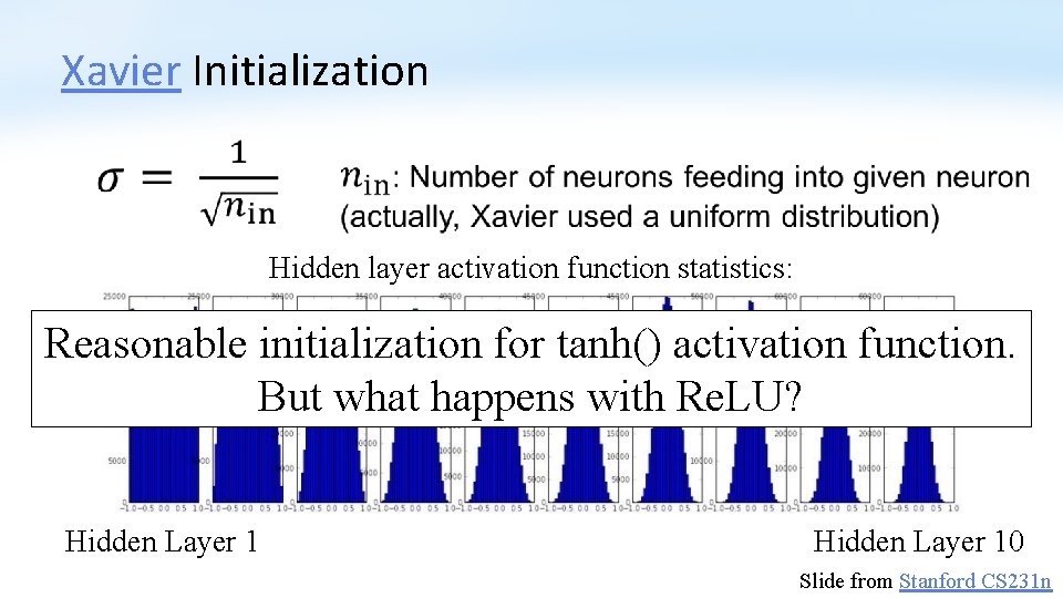 Xavier Initialization Hidden layer activation function statistics: Reasonable initialization for tanh() activation function. But