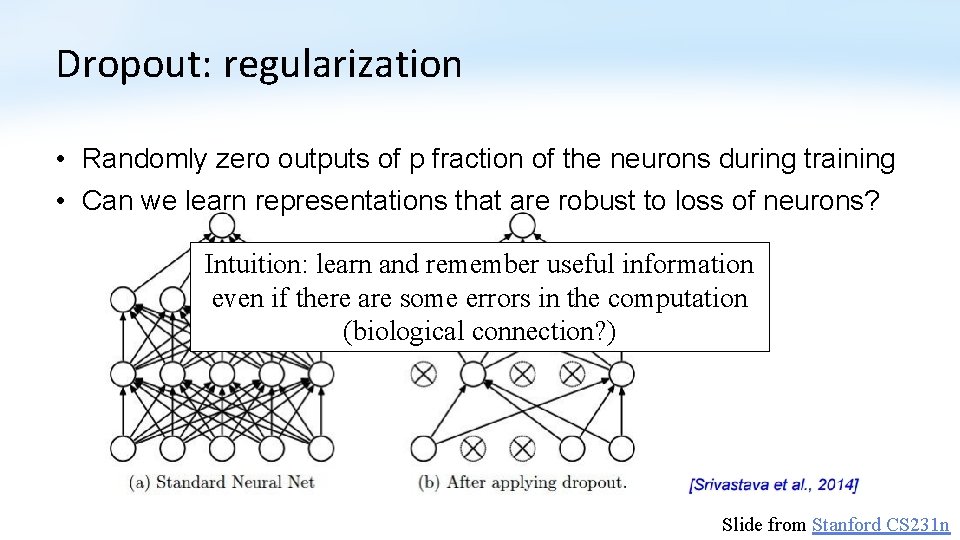 Dropout: regularization • Randomly zero outputs of p fraction of the neurons during training