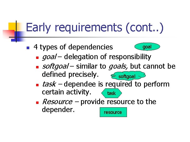 Early requirements (cont. . ) n goal 4 types of dependencies n goal –